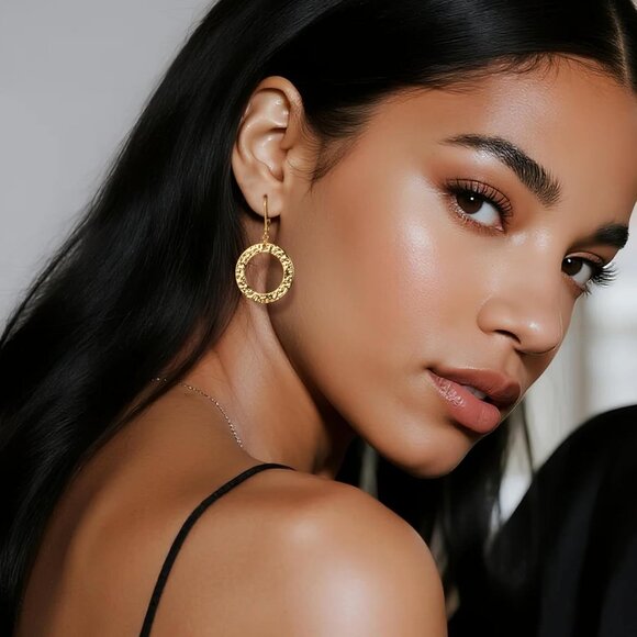 14K Gold Drop Handmade Hammered Circle Round Dangle Minimalist Earring for Women - Picture 2 of 7